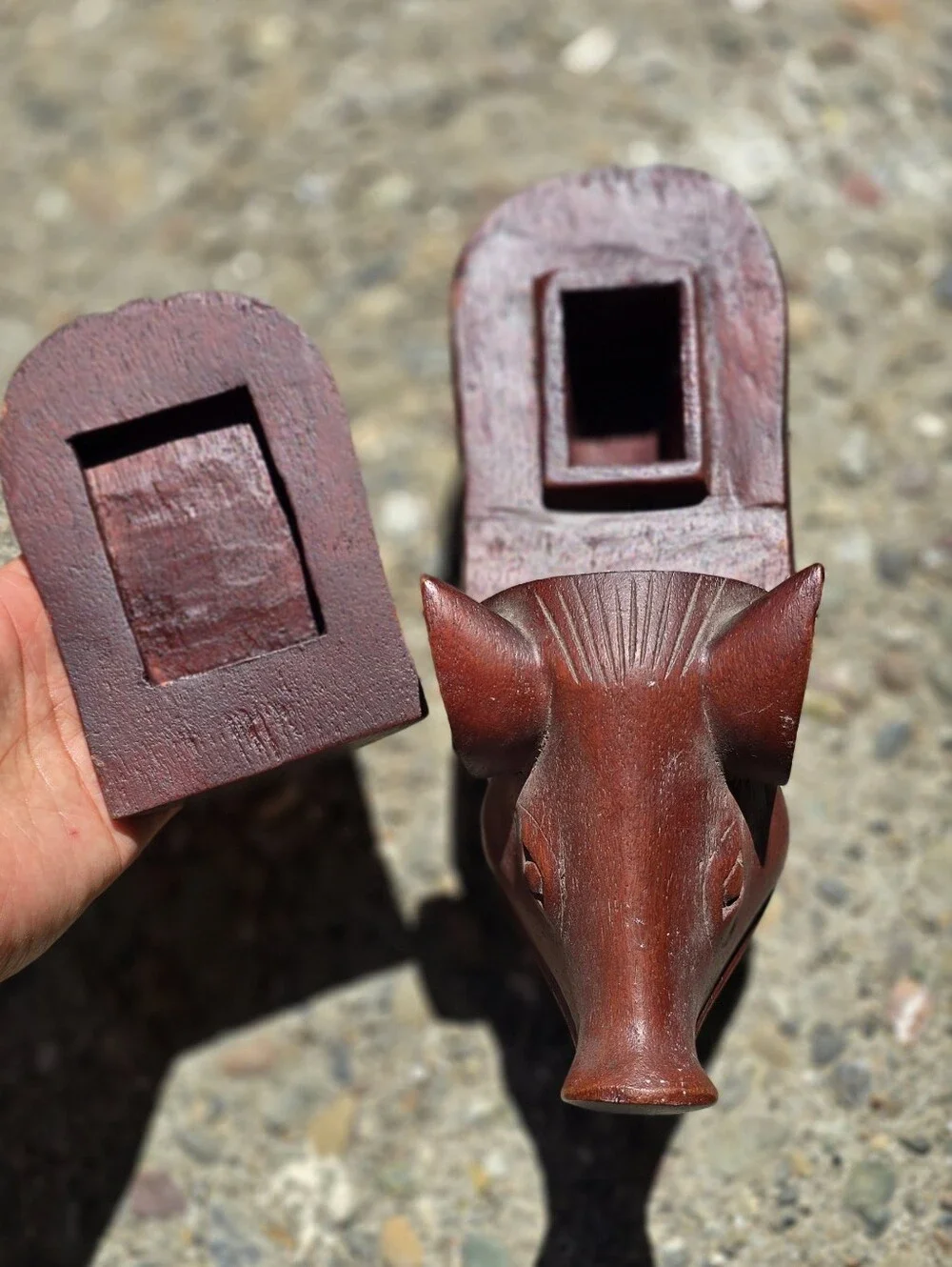 Vintage artisan handcarved heavy solid wood pig Trinket snuff box